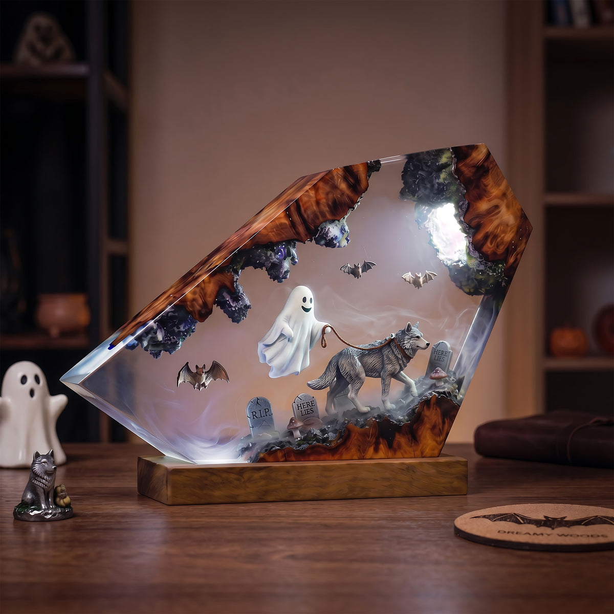 Ghost Walking Wolf Resin Lamp – Haunted Graveyard Halloween Epoxy Diorama Night Light, Spooky Woodland Decor