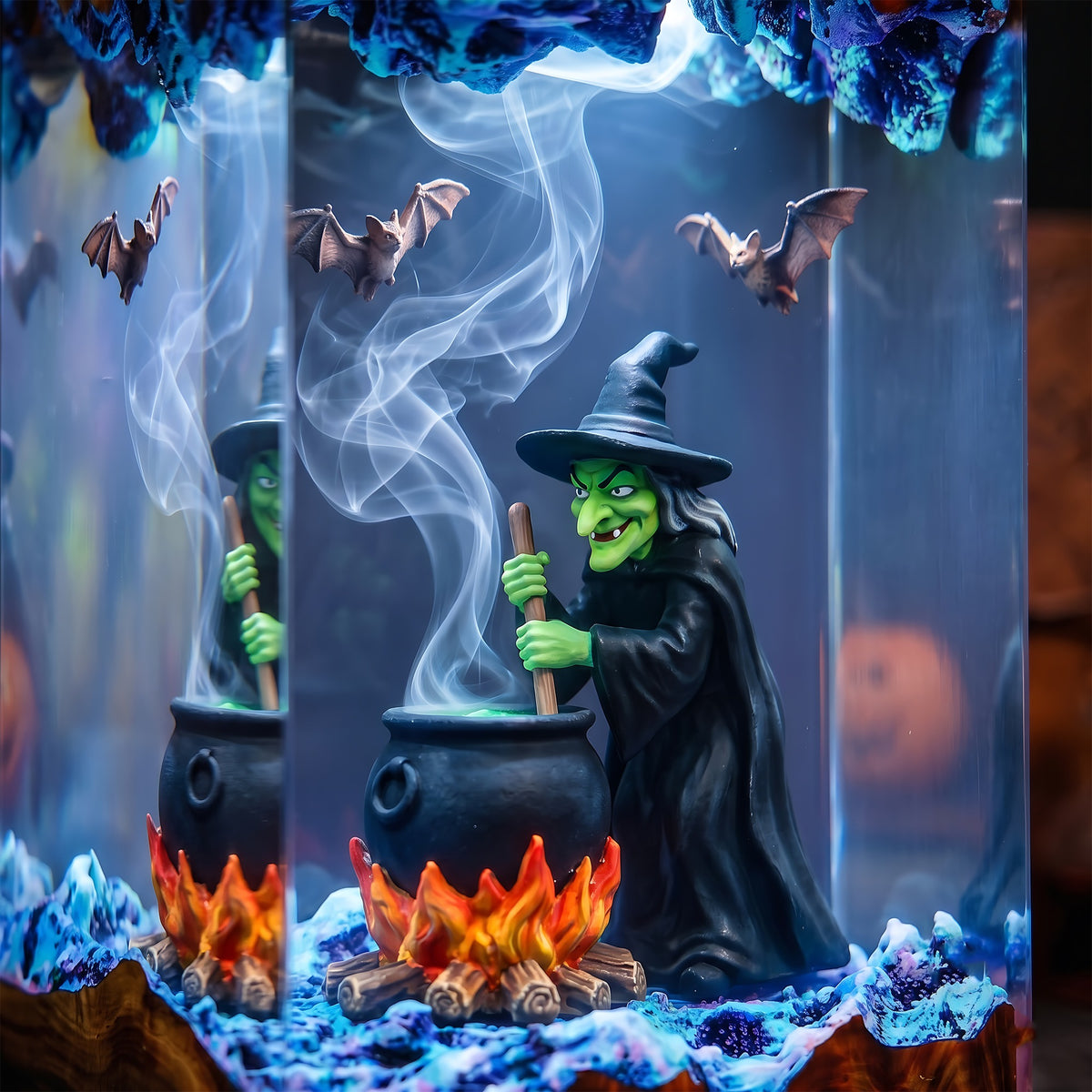 Witch Cauldron Resin Lamp – Brewing Witch with Bats & Glowing Fire, Spooky Halloween Epoxy Diorama Night Light