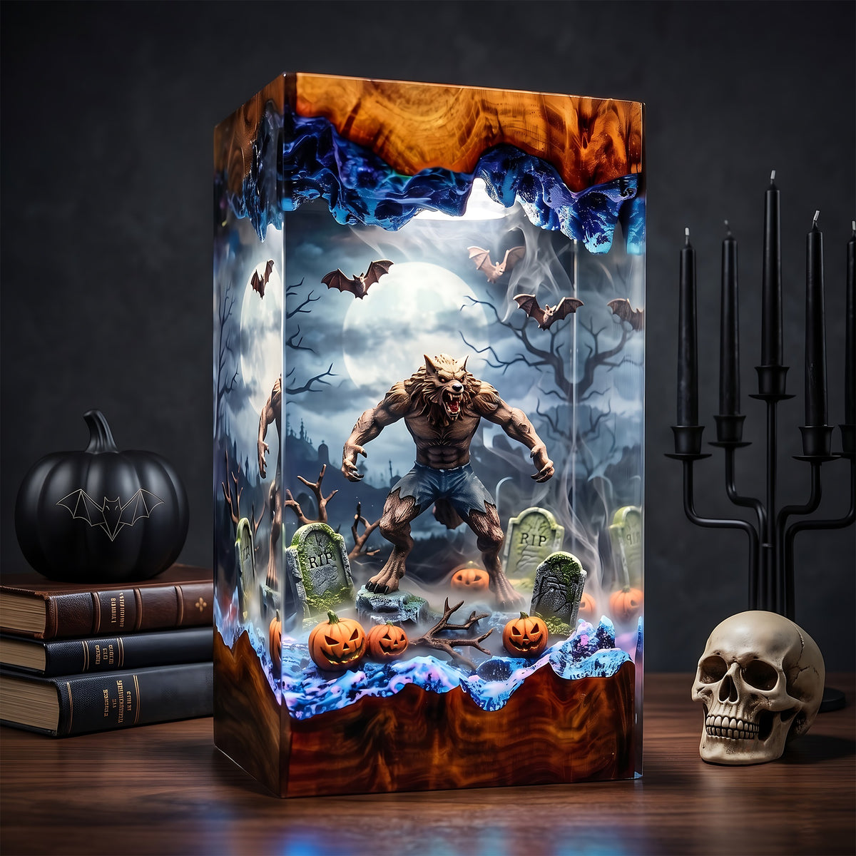Werewolf Graveyard Resin Lamp – Full Moon Wolf Monster with Pumpkins & Bats, Halloween Epoxy Diorama Night Light