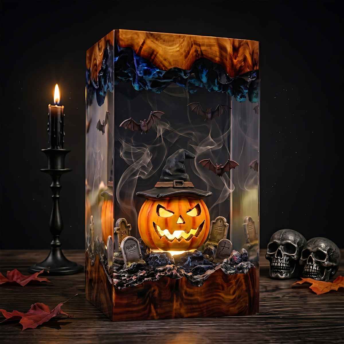 Glowing Witch Pumpkin Resin Lamp – Jack O’ Lantern Graveyard with Bats, Halloween Epoxy Diorama Night Light, Spooky Decor