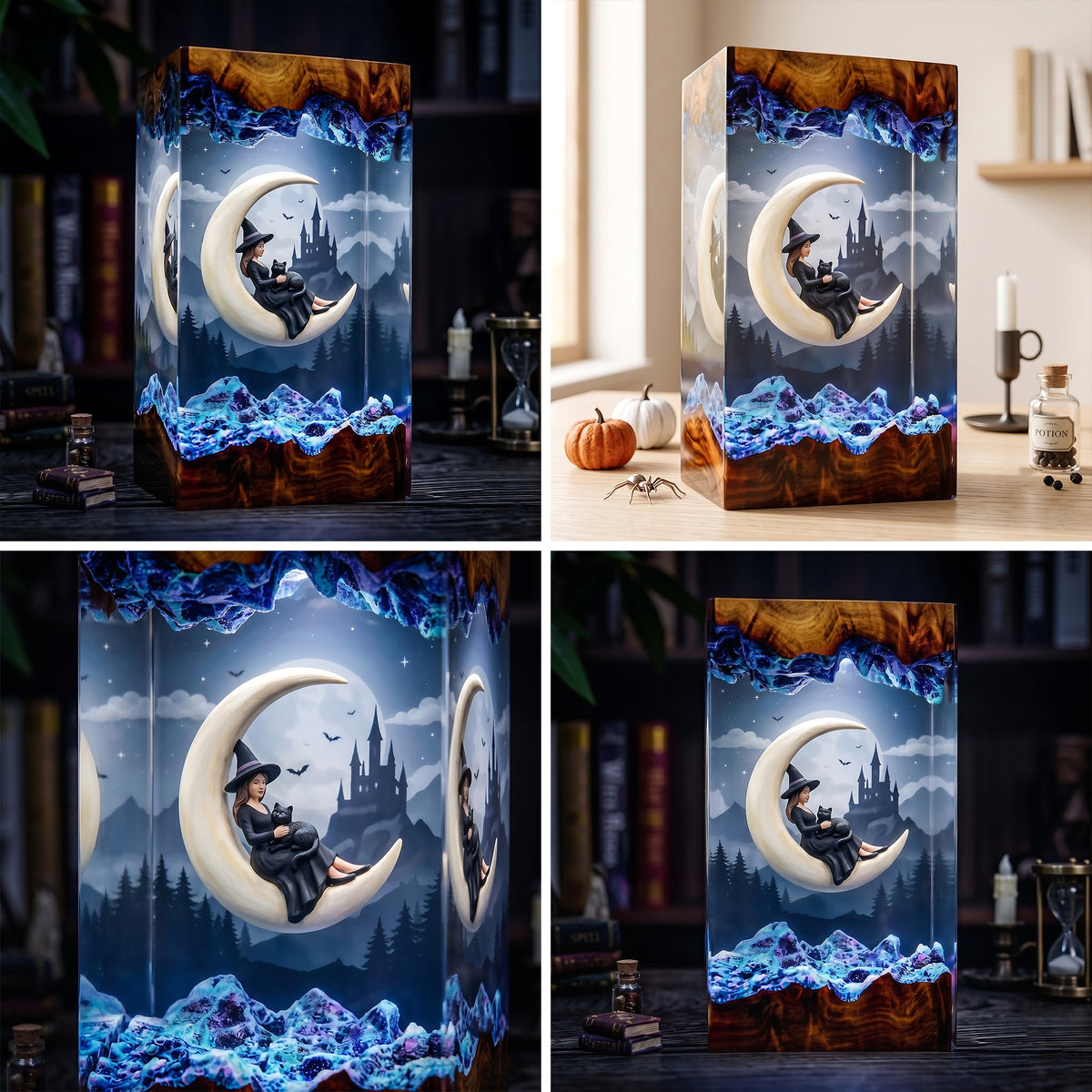 Moonlit Witch & Black Cat Resin Lamp – Crescent Moon Haunted Castle Halloween Epoxy Diorama Night Light, Gothic Witch Decor
