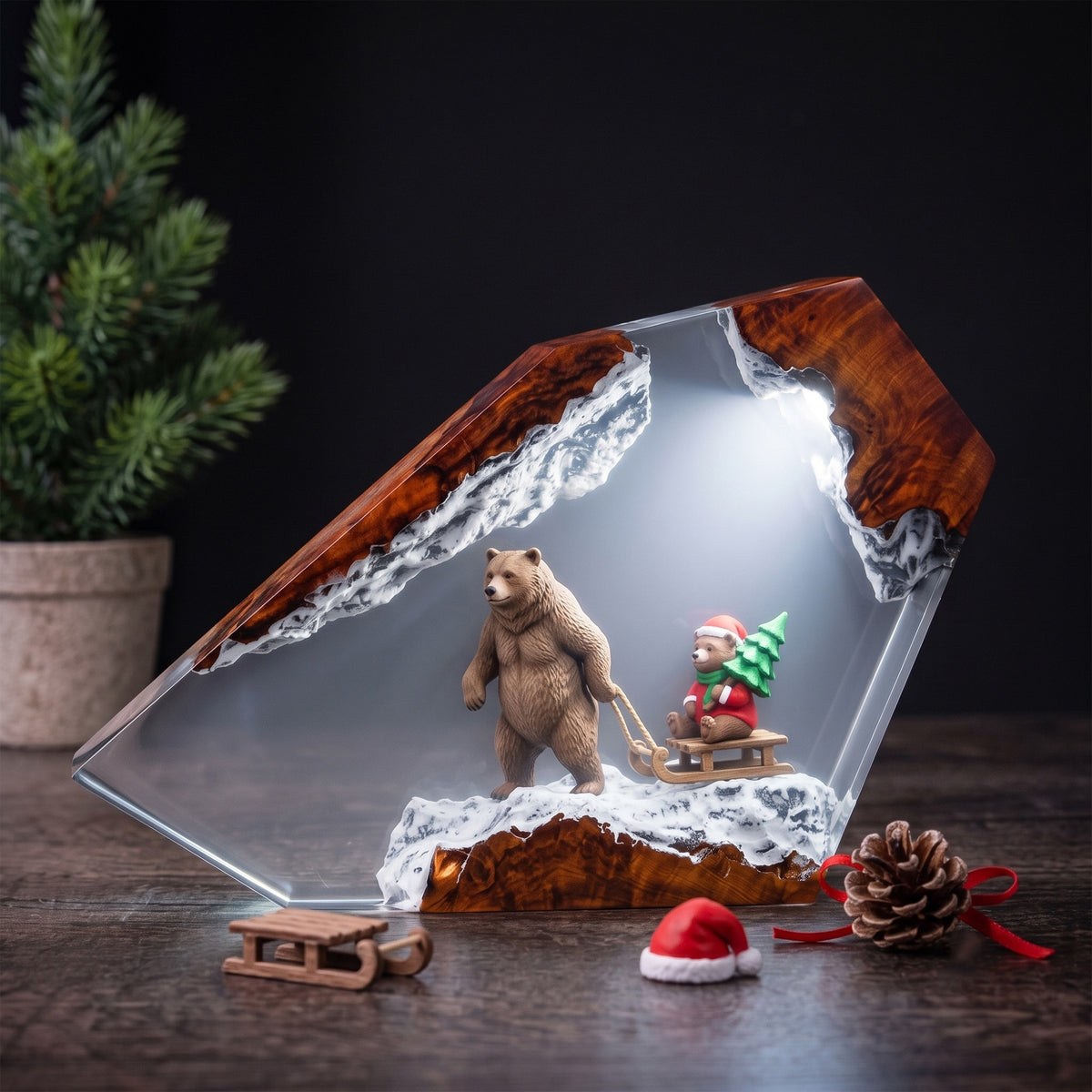 Christmas Bear & Teddy Sled Resin Lamp – Snowy Woodland Holiday Epoxy Diorama Night Light, Cozy Winter Christmas Decor