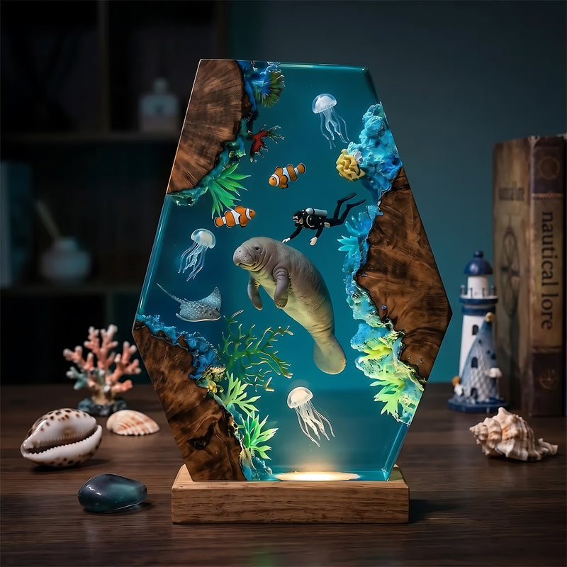 Manatee & Scuba Diver Marine Life Wood Resin Lamp