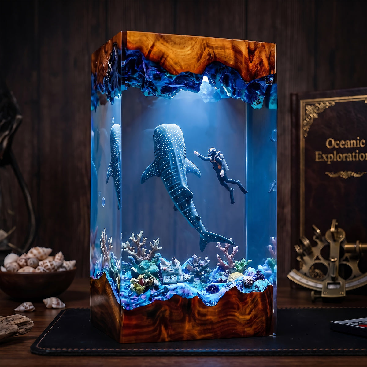 Whale Shark & Scuba Diver Ocean Wood Resin Lamp