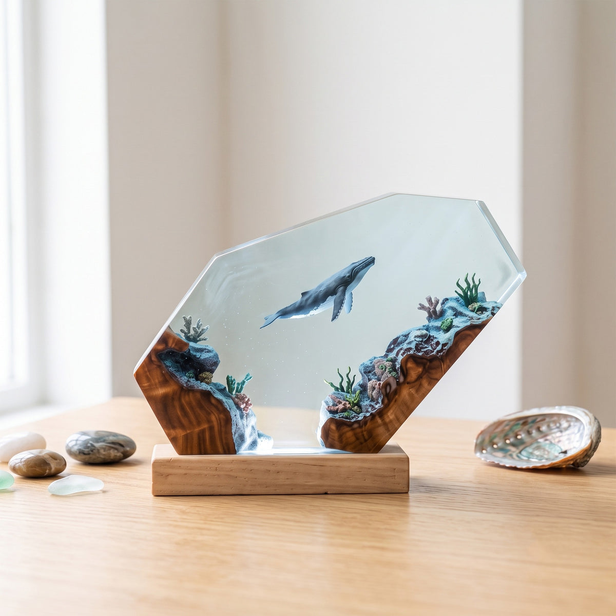 Humpback Whale Coral Reef Ocean Wood Resin Lamp