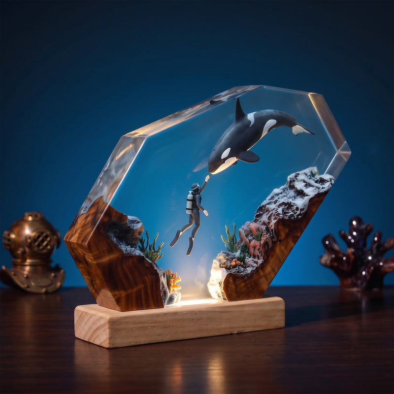 Orca & Scuba Diver Ocean Wood Resin Lamp