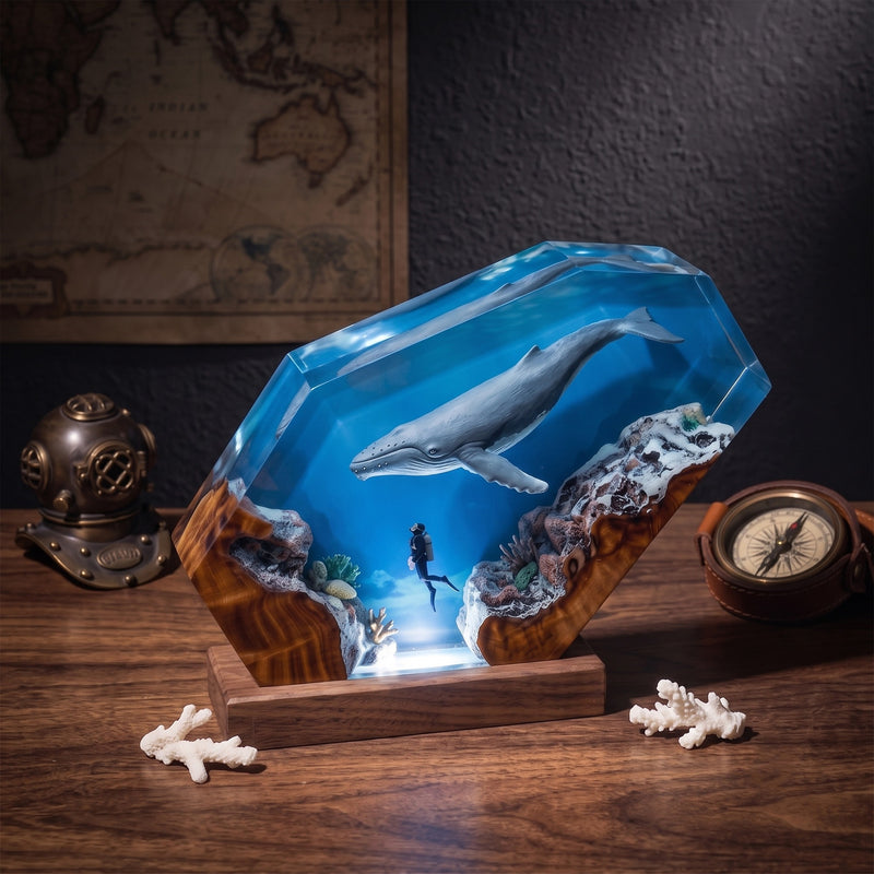 Humpback Whale & Scuba Diver Ocean Wood Resin Lamp
