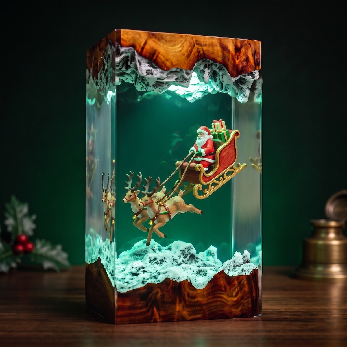 Santa Claus in a Flying Sleigh with Two Reindeer and Gifts Christmas Wood Resin Lamp