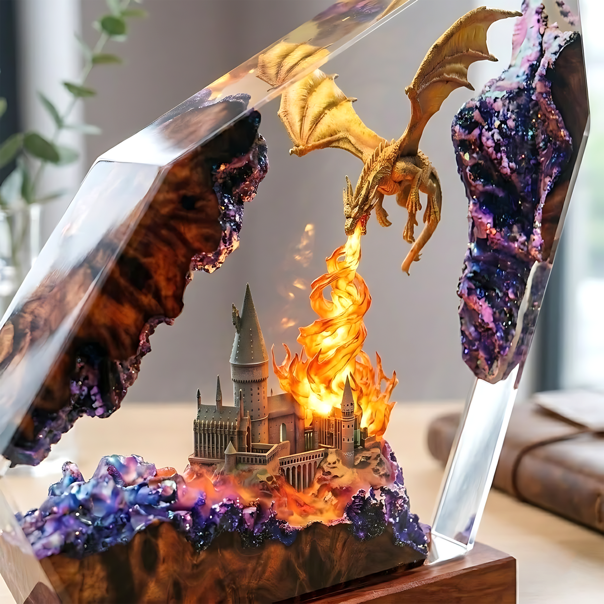 Fire-Breathing Dragon & Fantasy Castle Wood Resin Lamp