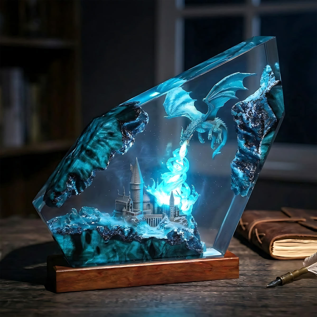 Blue Flame Dragon & Fantasy Castle Wood Resin Lamp