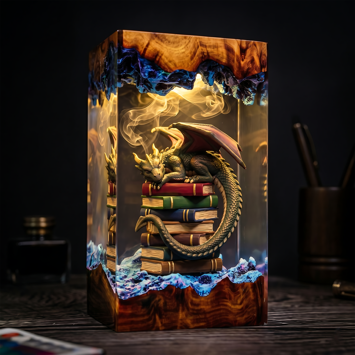 Sleeping Dragon on Stacked Books Wood Resin Lamp