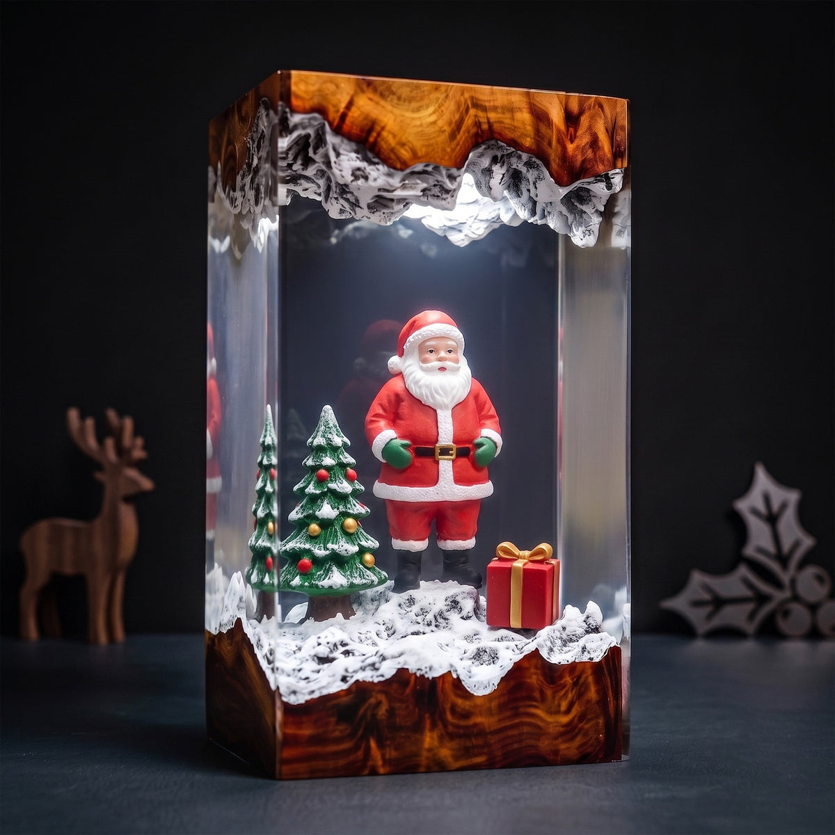 Santa Claus with Snowy Christmas Trees and Gift Box Wood Resin Lamp