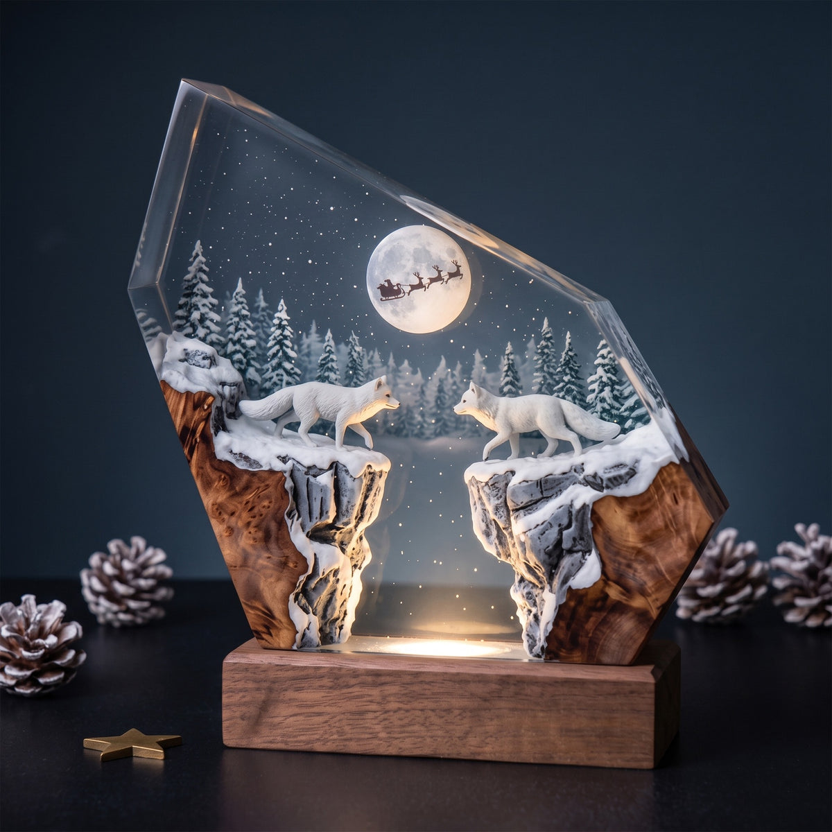 Arctic Foxes & Santa Sleigh Christmas Wood Resin Lamp