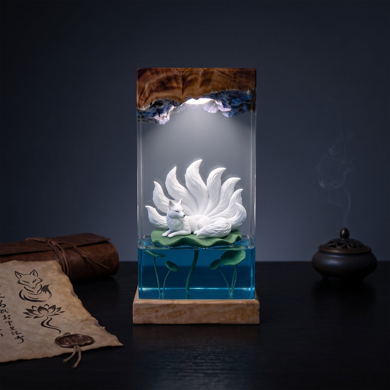 White Nine-Tailed Fox on Lotus Leaf Wood Resin Lamp