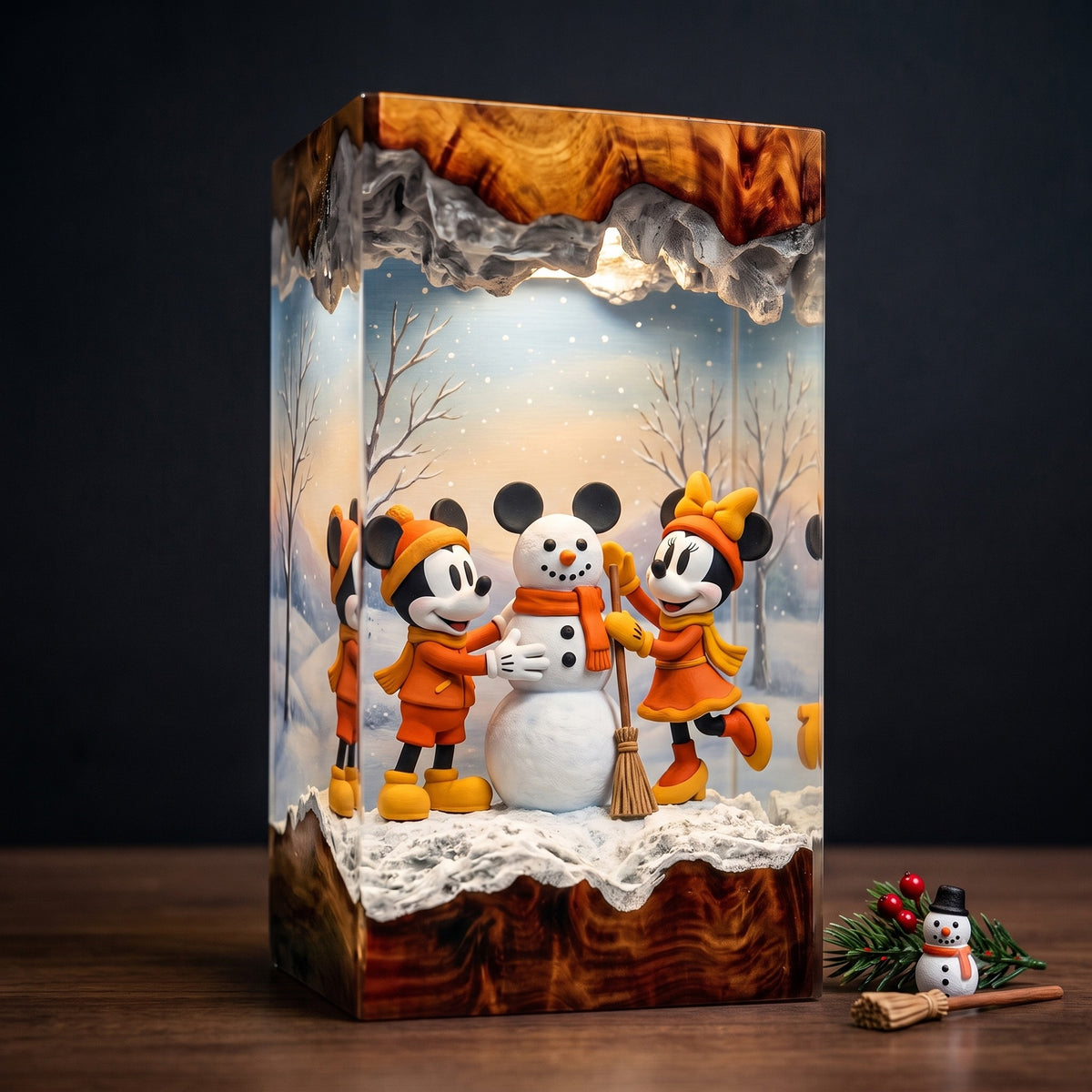 Mickey & Minnie Mouse Building a Snowman Christmas Wood Resin Lamp