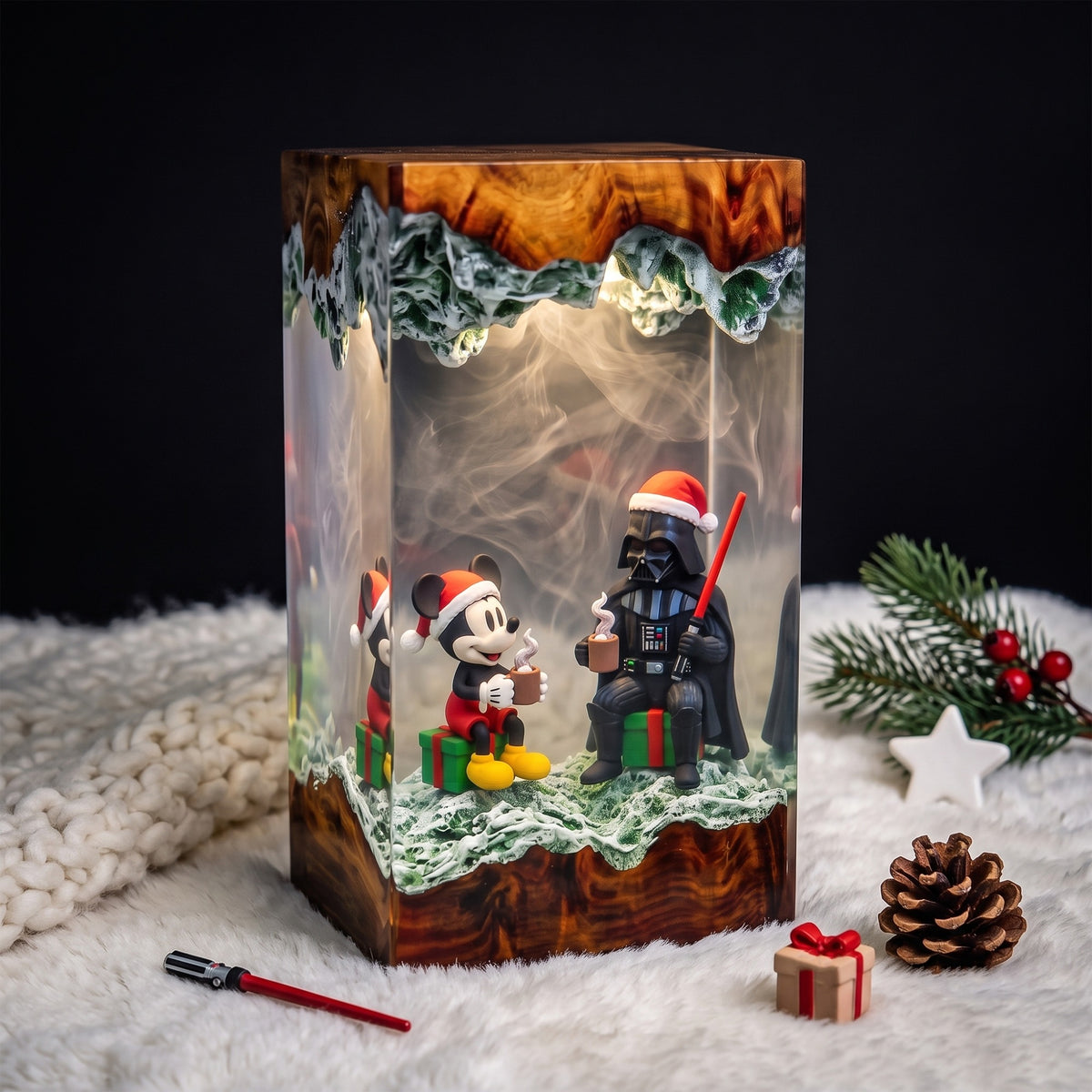 Christmas Dark Lord & Classic Mouse Resin Lamp – Holiday Cocoa Scene, Festive Movie Inspired Epoxy Diorama Night Light