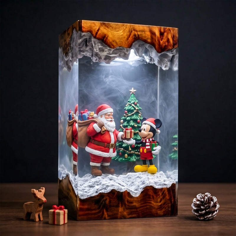 Santa Claus Giving Mickey Mouse a Present beside a Christmas Tree Wood Resin Lamp