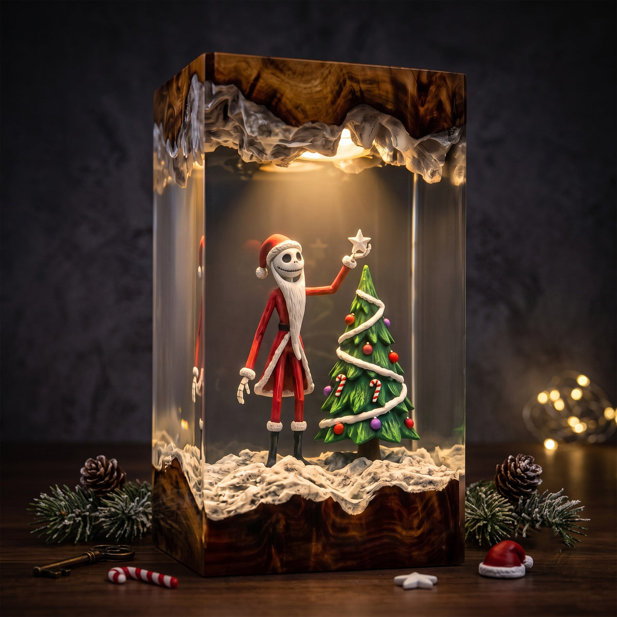Christmas Skeleton Resin Lamp – Skeleton Santa Decorating Christmas Tree, Festive Epoxy Diorama Night Light, Holiday Decor