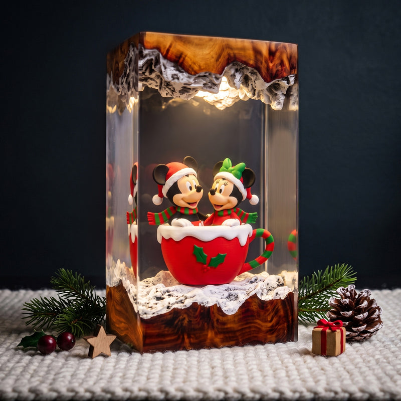 Mickey & Minnie Mouse in Santa Hats Sitting in a Red Christmas Mug Wood Resin Lamp