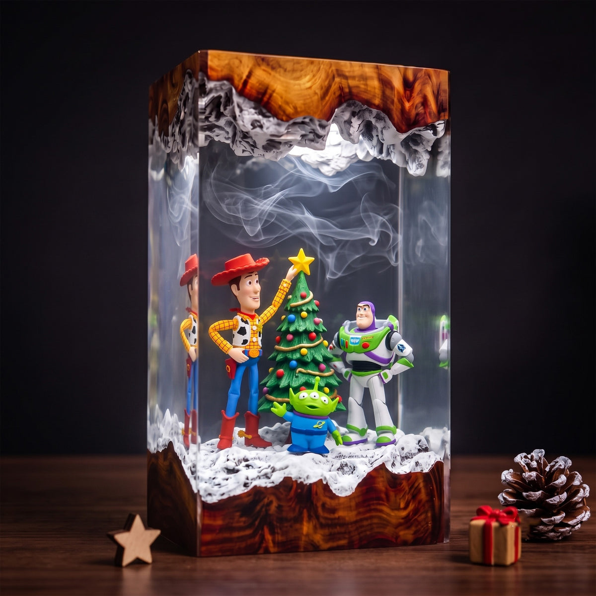 Woody, Buzz Lightyear & Little Green Alien with Decorated Christmas Tree Wood Resin Lamp