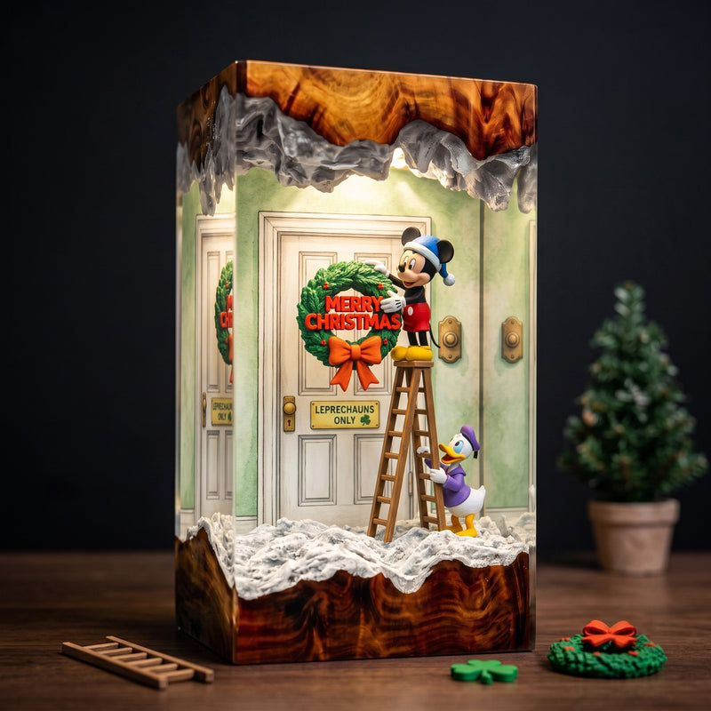 Mickey Mouse & Donald Duck Christmas Wreath Wood Resin Lamp