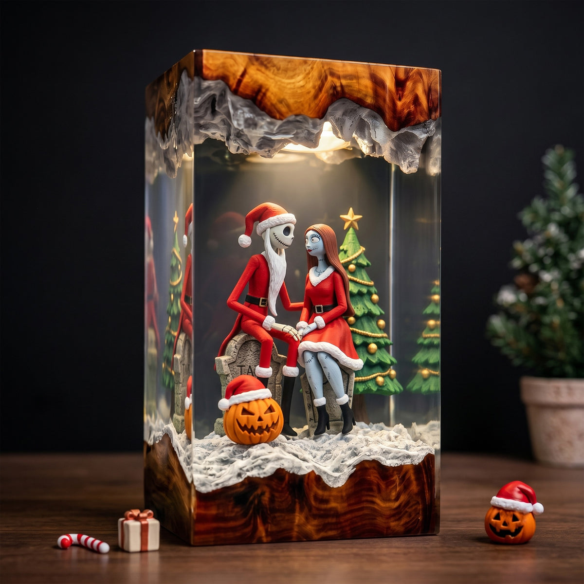 Jack Skellington & Sally in Santa Outfits with Christmas Tree and Pumpkin Wood Resin Lamp