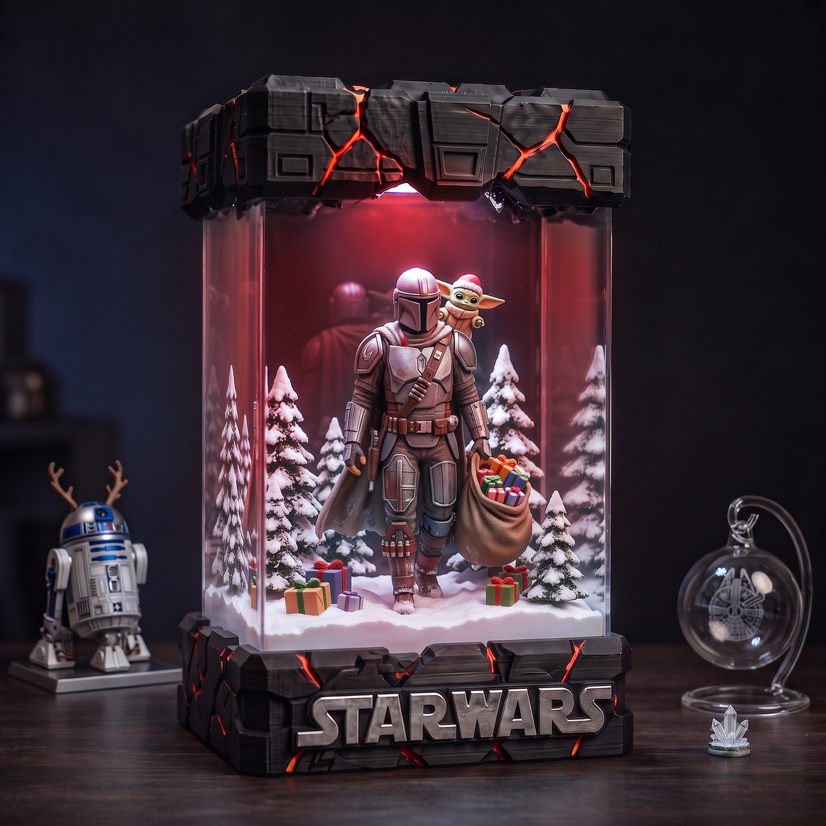 Mandalorian Carrying Christmas Gifts with Santa Hat Grogu in a Snowy Forest Resin Lamp