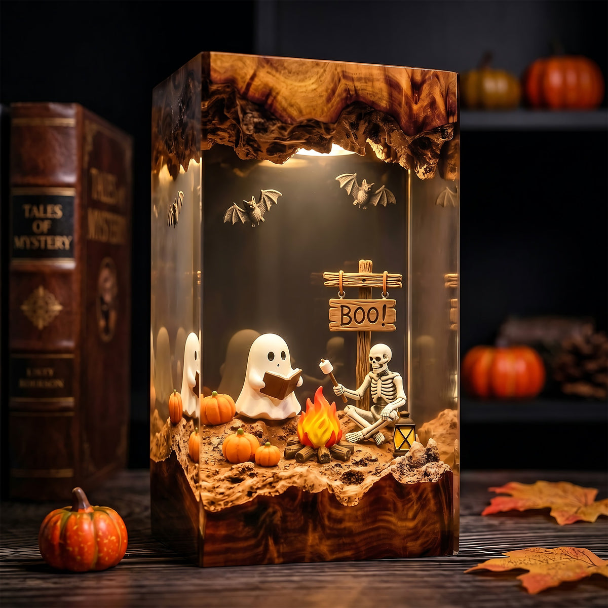 Ghost & Skeleton Campfire Resin Lamp – Reading Ghost Halloween Diorama, Pumpkin & Bat Spooky Night Light