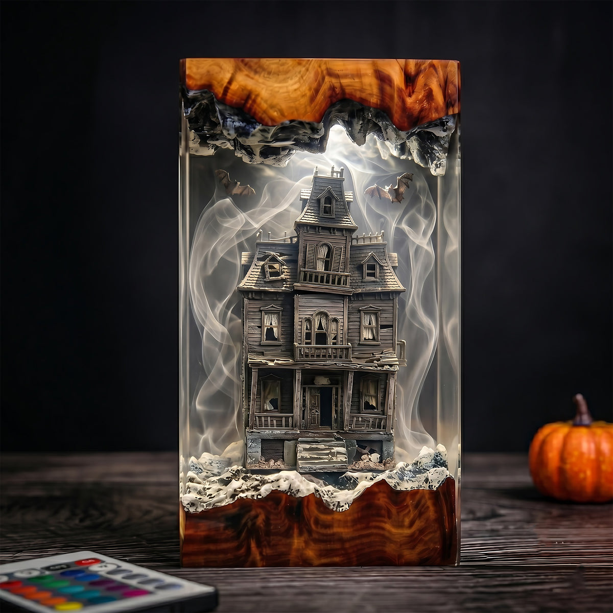 Haunted Victorian House Resin Lamp – Spooky Mansion with Bats & Ghostly Mist, Halloween Epoxy Diorama Night Light