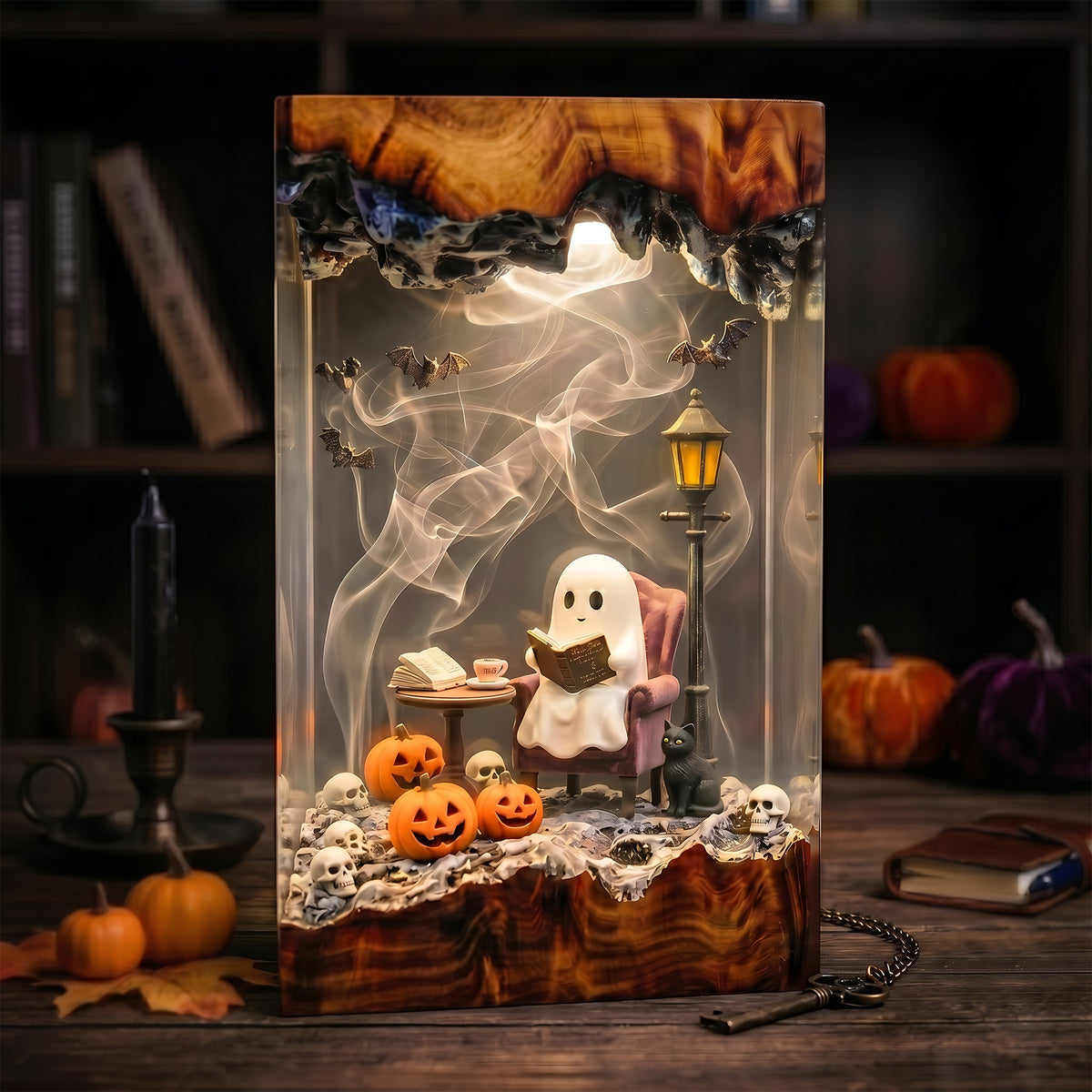 Cozy Reading Ghost Resin Lamp – Halloween Pumpkin & Black Cat Epoxy Diorama Night Light, Cute Spooky Decor