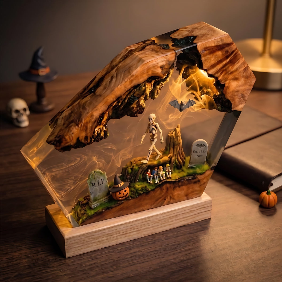 Skeleton Forest Graveyard Resin Lamp – Haunted Woodland with Bats & Witch Pumpkin, Halloween Epoxy Diorama Night Light