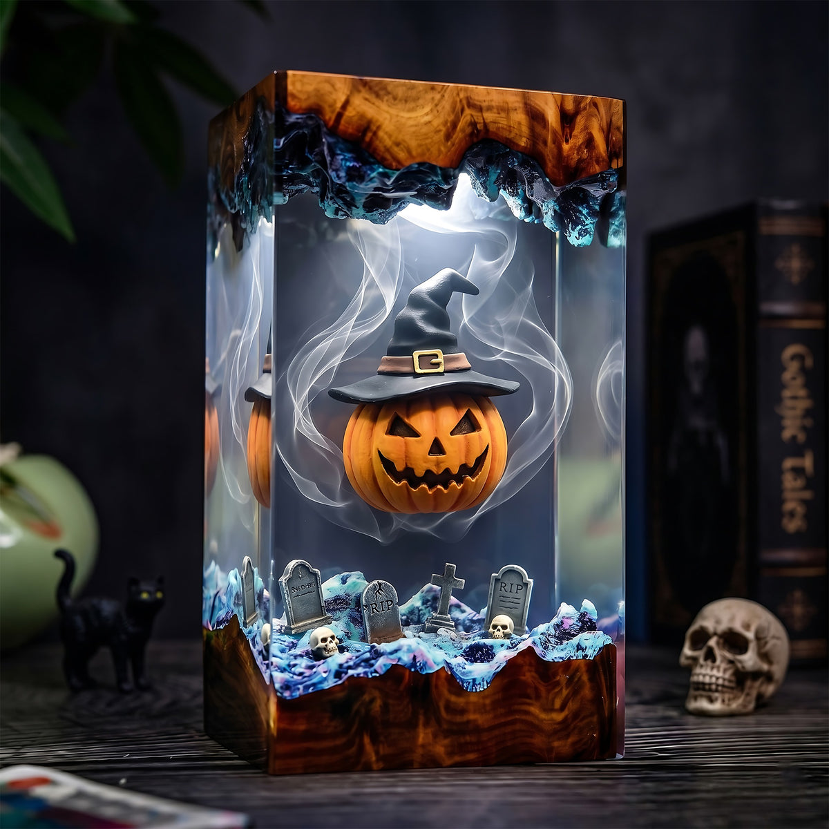 Witch Pumpkin Graveyard Resin Lamp – Jack O’ Lantern with Witch Hat, Spooky Halloween Epoxy Diorama Night Light