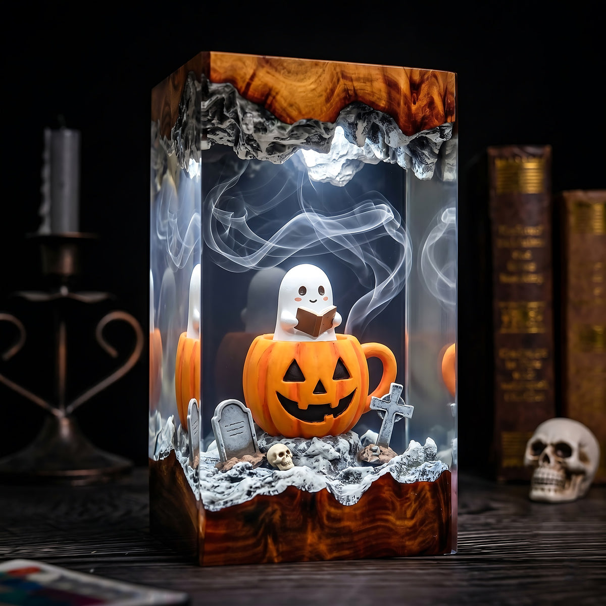 Cute Ghost Pumpkin Resin Lamp – Halloween Graveyard Epoxy Diorama Night Light