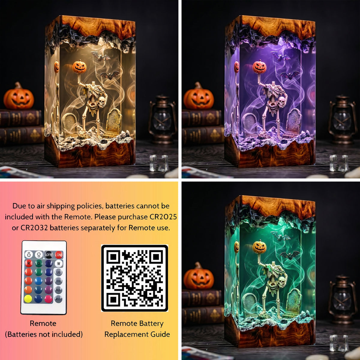 Halloween Skeleton Resin Lamp – Pumpkin Graveyard Epoxy Diorama Night Light