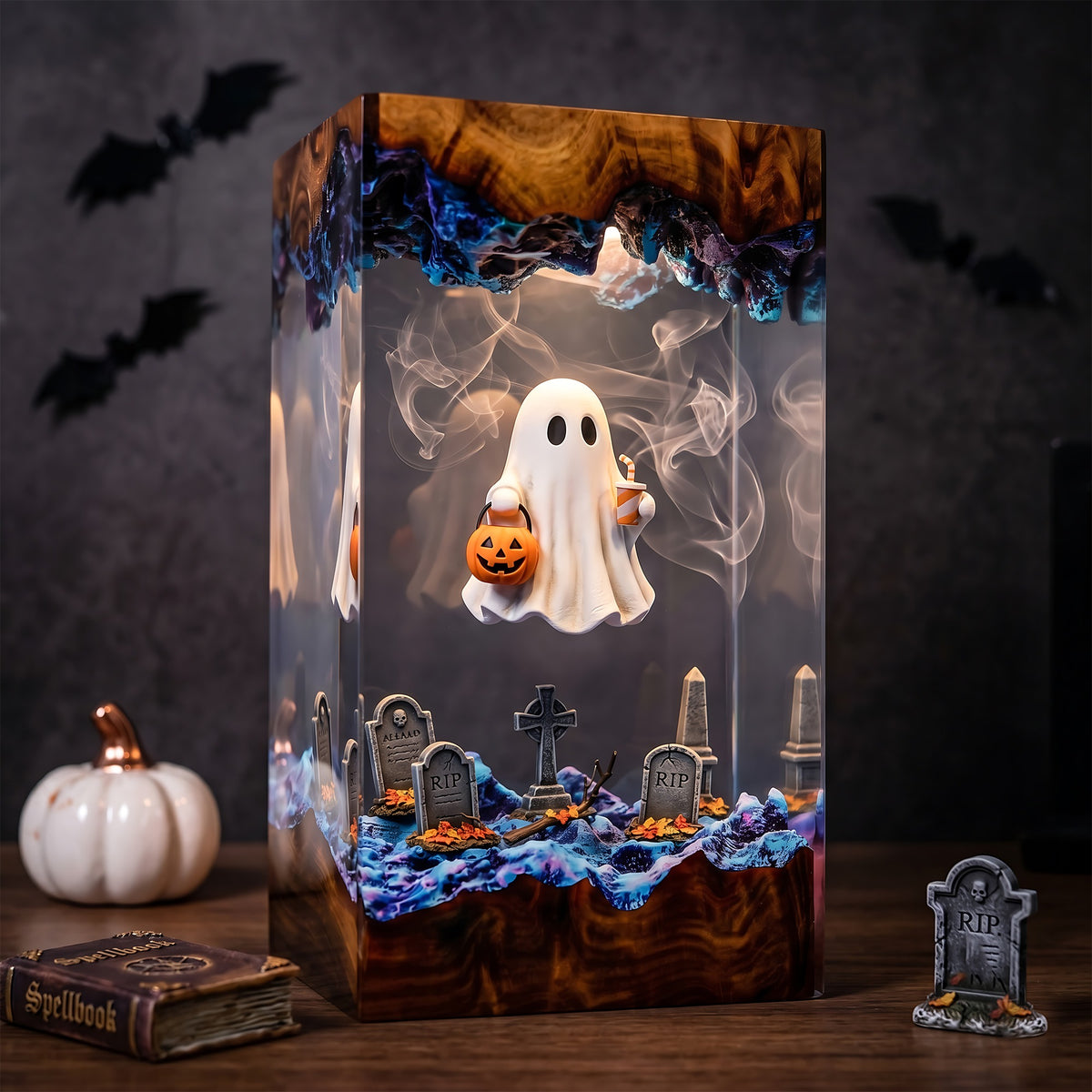 Trick or Treat Ghost Resin Lamp – Floating Ghost with Pumpkin Candy Bucket, Haunted Graveyard Halloween Epoxy Night Light