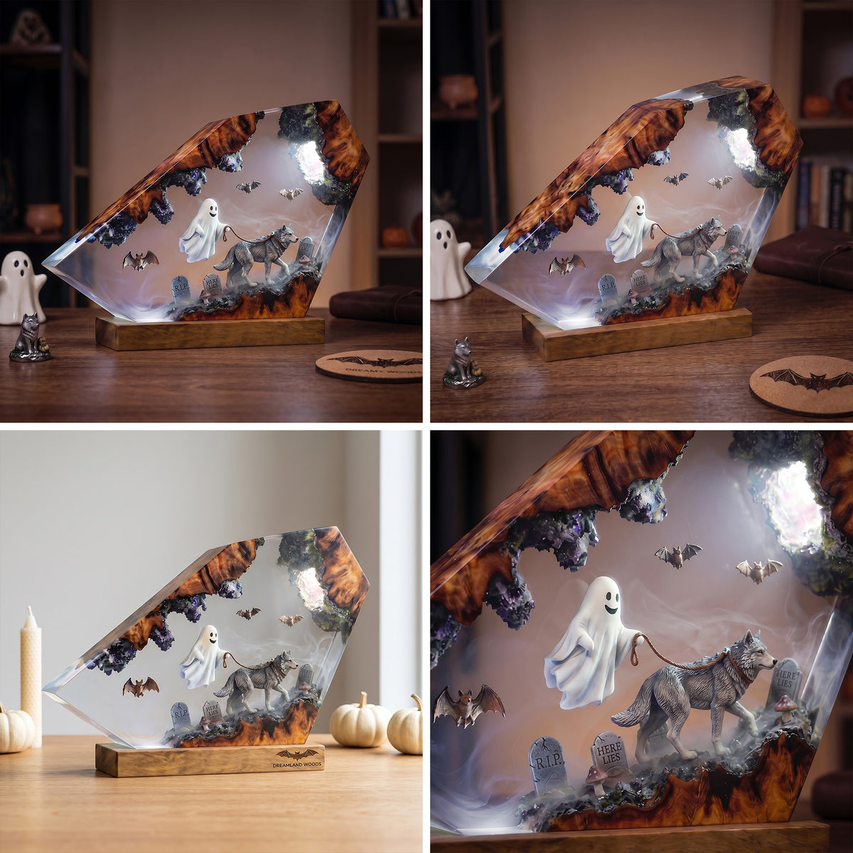 Ghost Walking Wolf Resin Lamp – Haunted Graveyard Halloween Epoxy Diorama Night Light, Spooky Woodland Decor