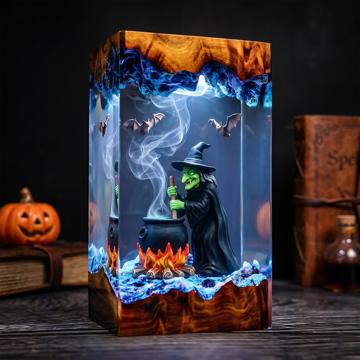 Witch Cauldron Resin Lamp – Brewing Witch with Bats & Glowing Fire, Spooky Halloween Epoxy Diorama Night Light