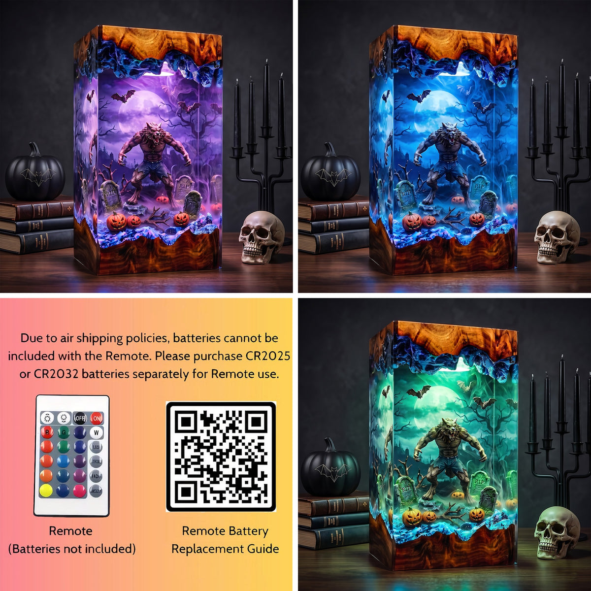 Werewolf Graveyard Resin Lamp – Full Moon Wolf Monster with Pumpkins & Bats, Halloween Epoxy Diorama Night Light