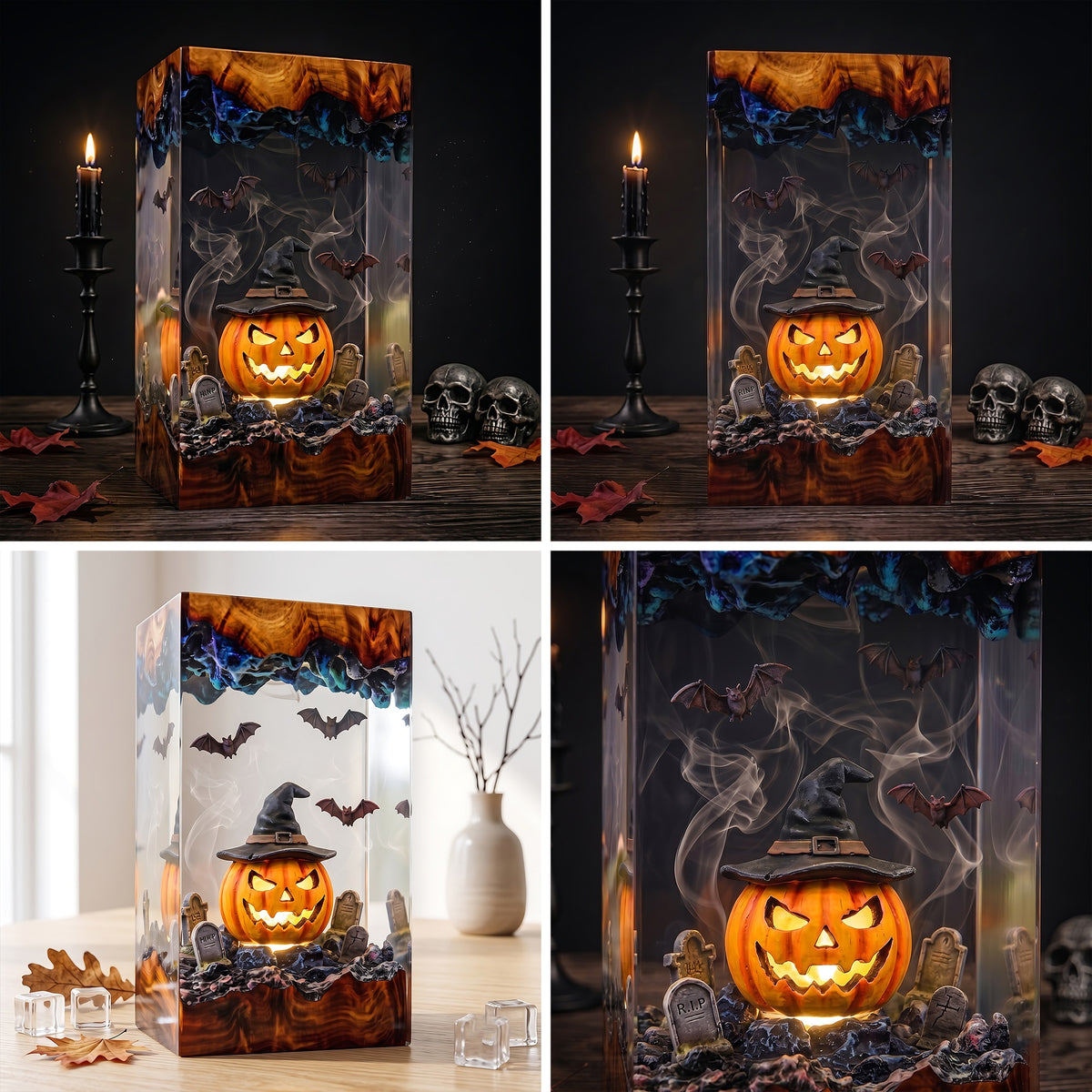 Glowing Witch Pumpkin Resin Lamp – Jack O’ Lantern Graveyard with Bats, Halloween Epoxy Diorama Night Light, Spooky Decor