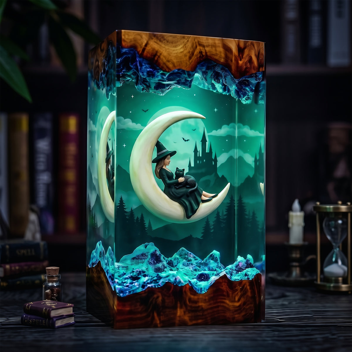Moonlit Witch & Black Cat Resin Lamp – Crescent Moon Haunted Castle Halloween Epoxy Diorama Night Light, Gothic Witch Decor
