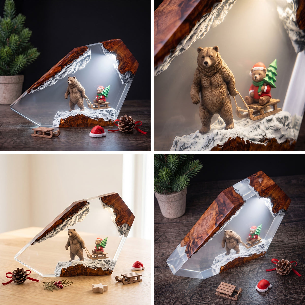 Christmas Bear & Teddy Sled Resin Lamp – Snowy Woodland Holiday Epoxy Diorama Night Light, Cozy Winter Christmas Decor