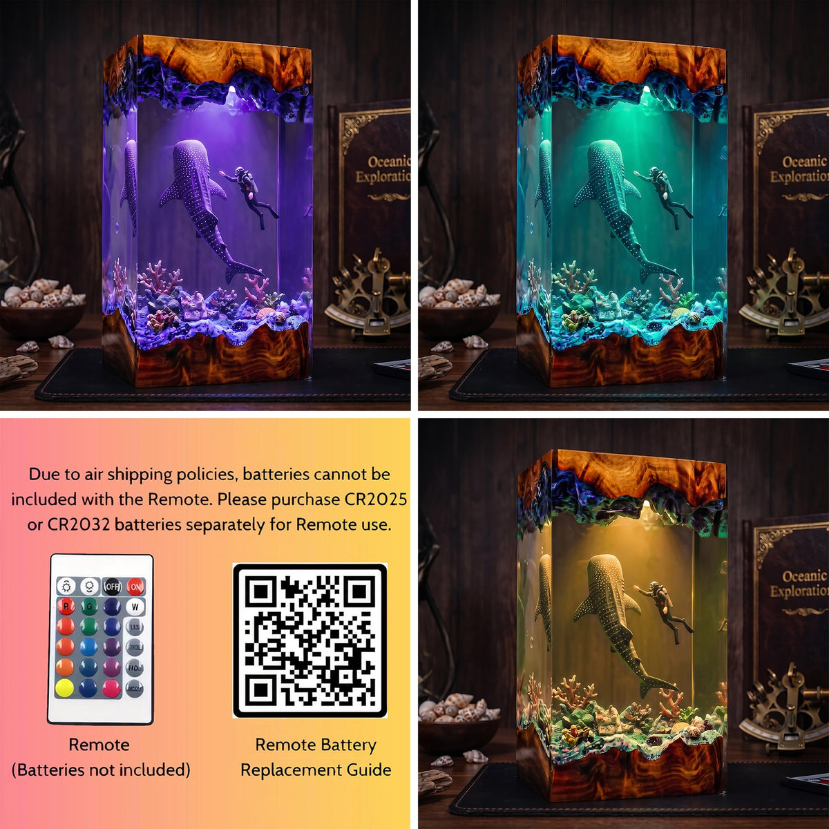 Whale Shark & Scuba Diver Ocean Wood Resin Lamp