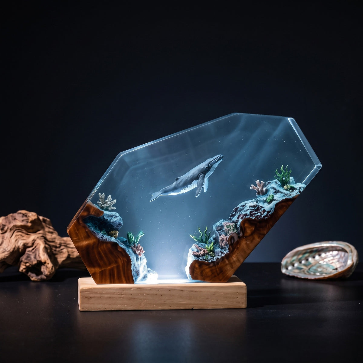 Humpback Whale Coral Reef Ocean Wood Resin Lamp