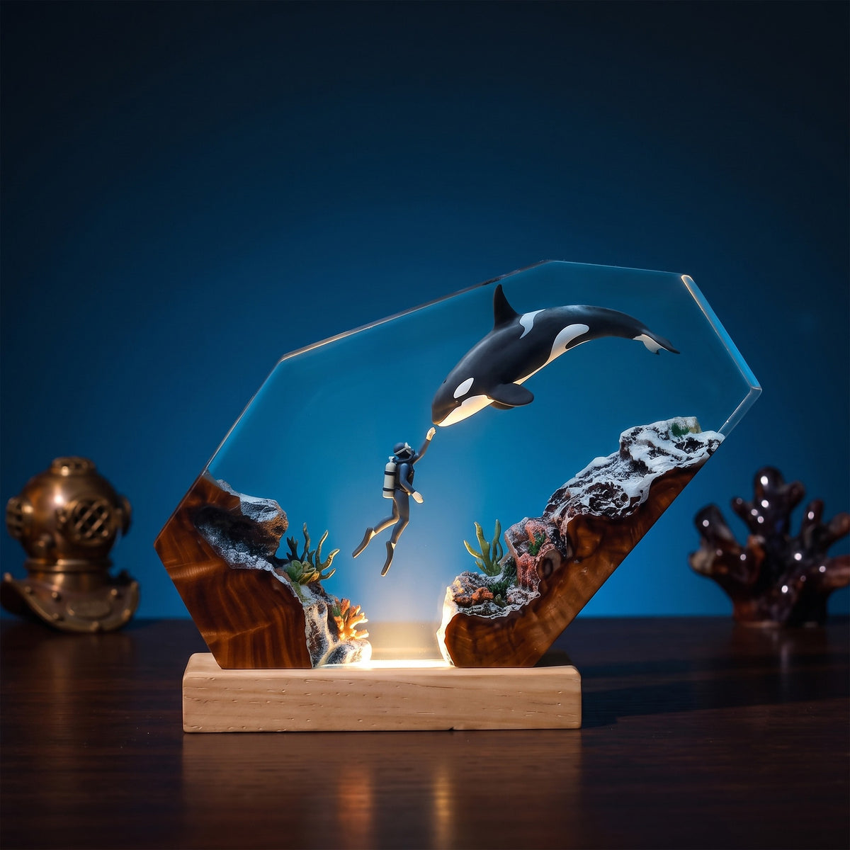 Orca & Scuba Diver Ocean Wood Resin Lamp