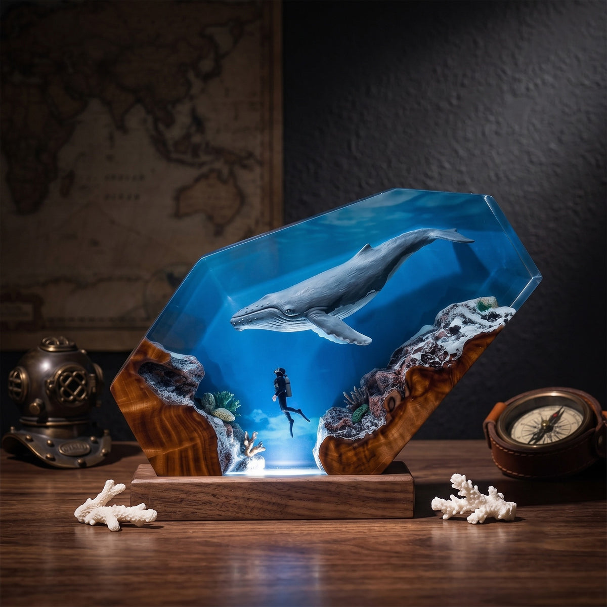 Humpback Whale & Scuba Diver Ocean Wood Resin Lamp