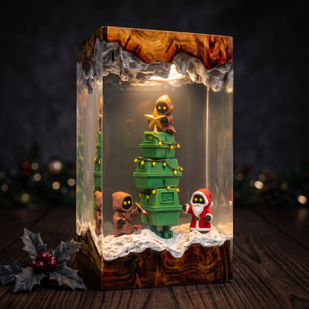 Galactic Holiday Droid Tree Resin Lamp – Tiny Hooded Helpers Decorating a Christmas Tree, Sci Fi Epoxy Diorama Night Light