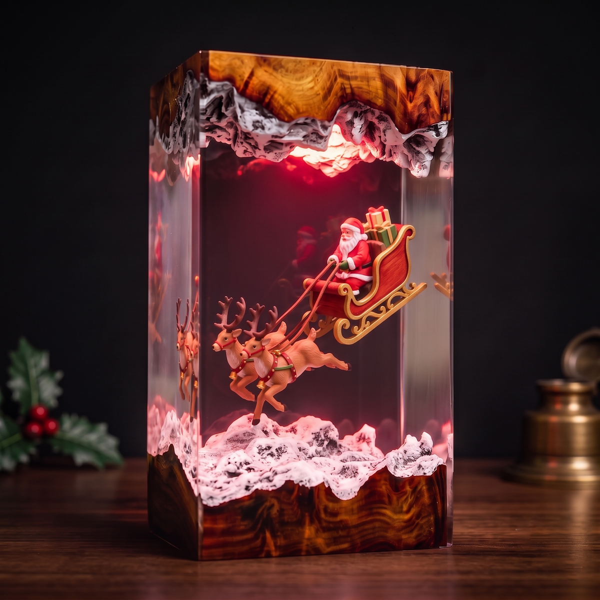 Santa Claus in a Flying Sleigh with Two Reindeer and Gifts Christmas Wood Resin Lamp