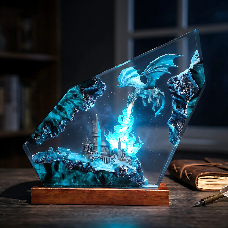 Blue Flame Dragon & Fantasy Castle Wood Resin Lamp