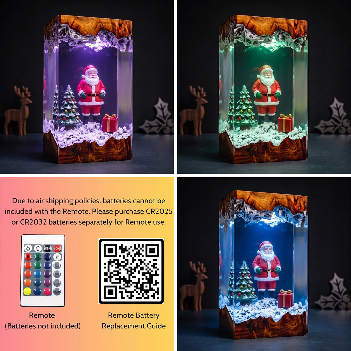 Santa Claus with Snowy Christmas Trees and Gift Box Wood Resin Lamp