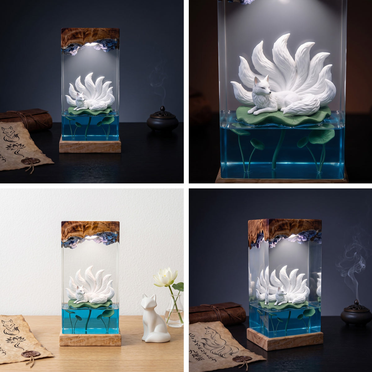 White Nine-Tailed Fox on Lotus Leaf Wood Resin Lamp